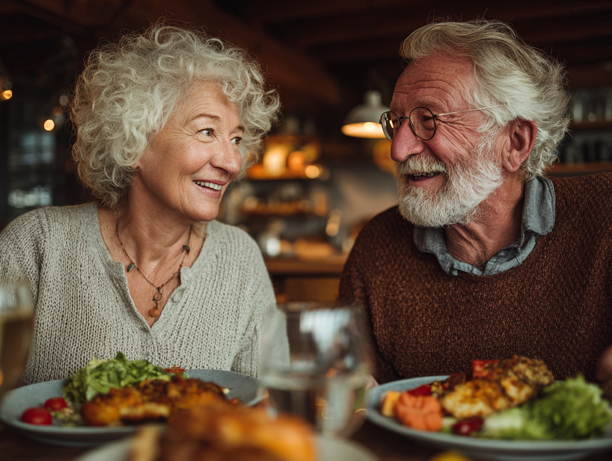 Активна пара пенсіонерів насолоджується здоровим сніданком на терасі з видом на сад